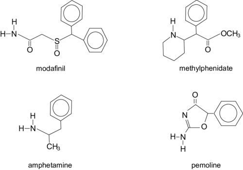 Chemical-structures-of-modafi-nil-methylphenidate-amphetamine-and-pemoline.png