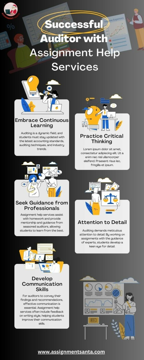 This infographic explores the vital role of auditors, the importance of Auditing Assignment Help, and how it helps students improve their auditing skills through professional assignments assistance and becoming a successful auditor. To know more visit us: https://www.assignmentsanta.com/service/auditing-assignment-help