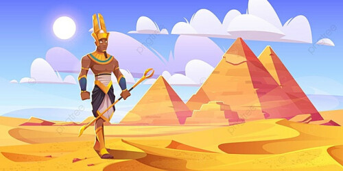 Ancient Egyptian god Amun in desert with pyramids. Vector cartoon illustration of landscape with yellow sand dunes, pharaoh tombs in Egypt and figure of Amon Ra