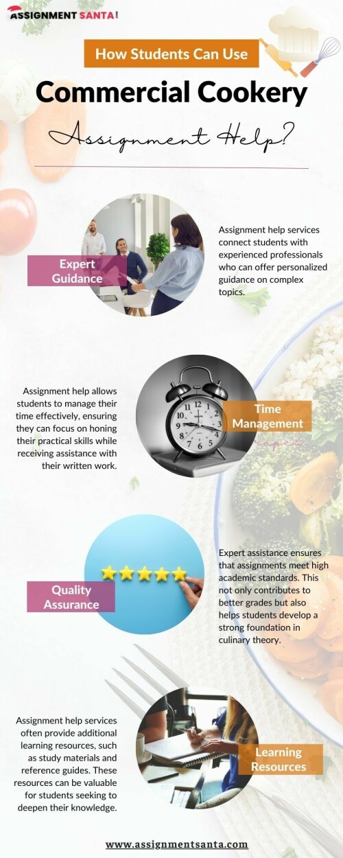 This infographic will talk about the value of a degree in commercial cooking, examine the employment opportunities it presents, and explain to students how to use commercial cooking assignment assistance to succeed academically. To know more details visit here: https://www.assignmentsanta.com/service/cookery-assignment-help