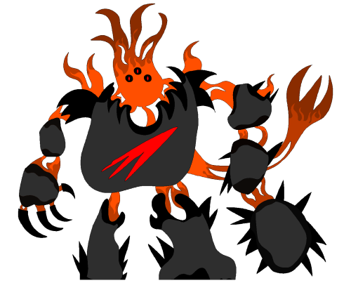 The hellfire pokemon
[fire, earth] [evolved starter]
It has become so hot that any part of any stone that touches it is turned into obsidian. Its height with its armor is 7'9, without armor is 3'7. It can see any weak or blind spots by analysing the opponents' stance and their visible traits. Evolved from Volcanite at level 30+ with an earth stone.