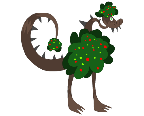 The treetop pokemon
[plant, stone] [evolved starter]
The stone spikes on it shed every 3 years during the winter, leaving it more vulnerable until they grow back at the end of spring. It is most commonly found in heavily forested areas, disguised as a tree. 9'10. Evolved from Trubush at level 25.