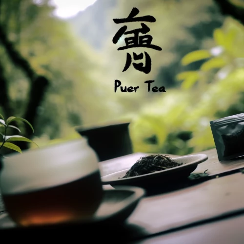 DALLE-2024-04-06-17.51.16---A-tea-bag-placed-on-a-wooden-table-outdoors-surrounded-by-nature.-Above-the-tea-bag-the-words-Puer-tea-are-written-in-a-stylized-font.-The-setting.webp